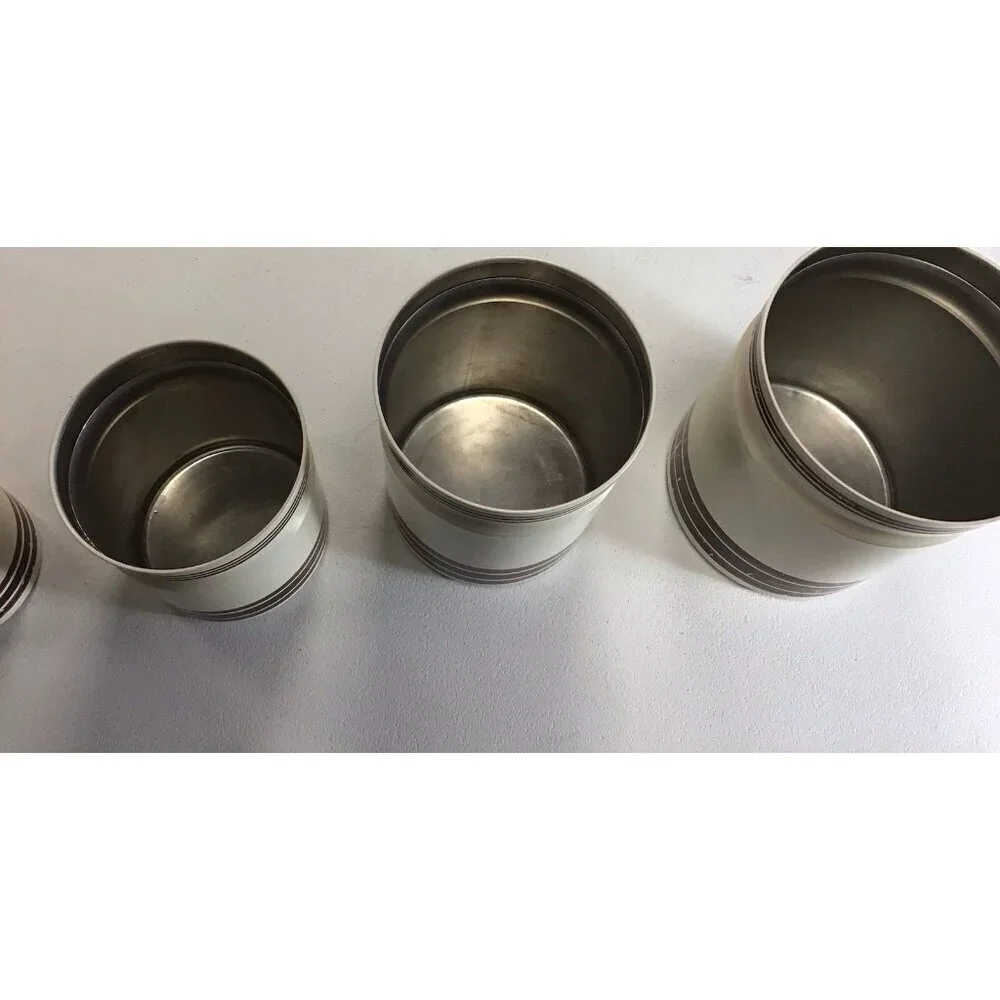 Vintage/Retro Set 4 Kromex Tan Brown Stripes Nesting Aluminum Canisters W/ LIDS